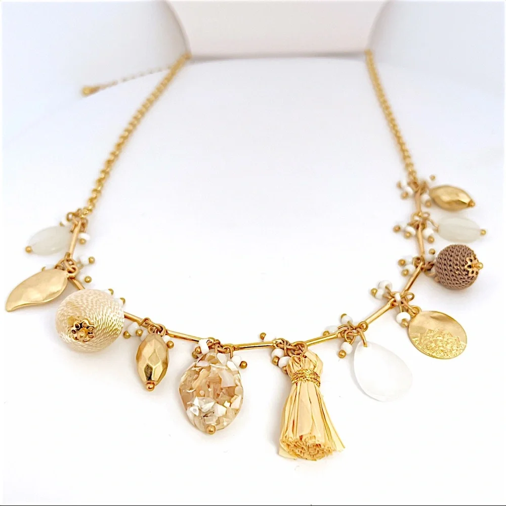 White and Gold Statement Necklace with Beads and Charms